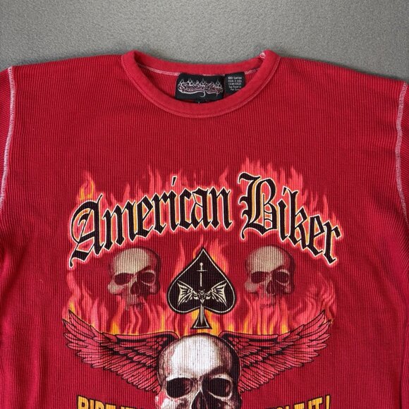 VTG Sapphire lounge American Biker Thermal Shirt Skull Flames Waffle Knit 90s - Picture 2 of 13
